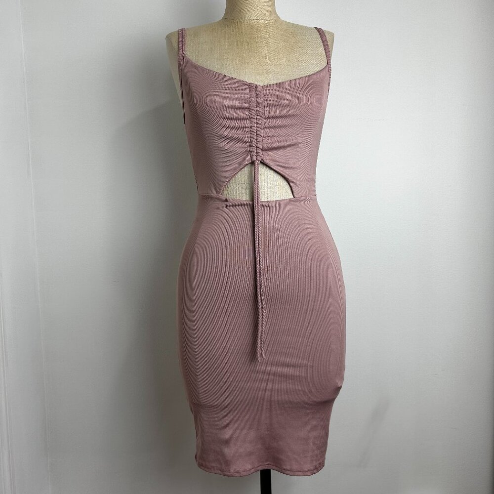 Saints 21 Mauve Ribbed Cutout Mini Dress XS Ruched Front Bodycon Sleeveless